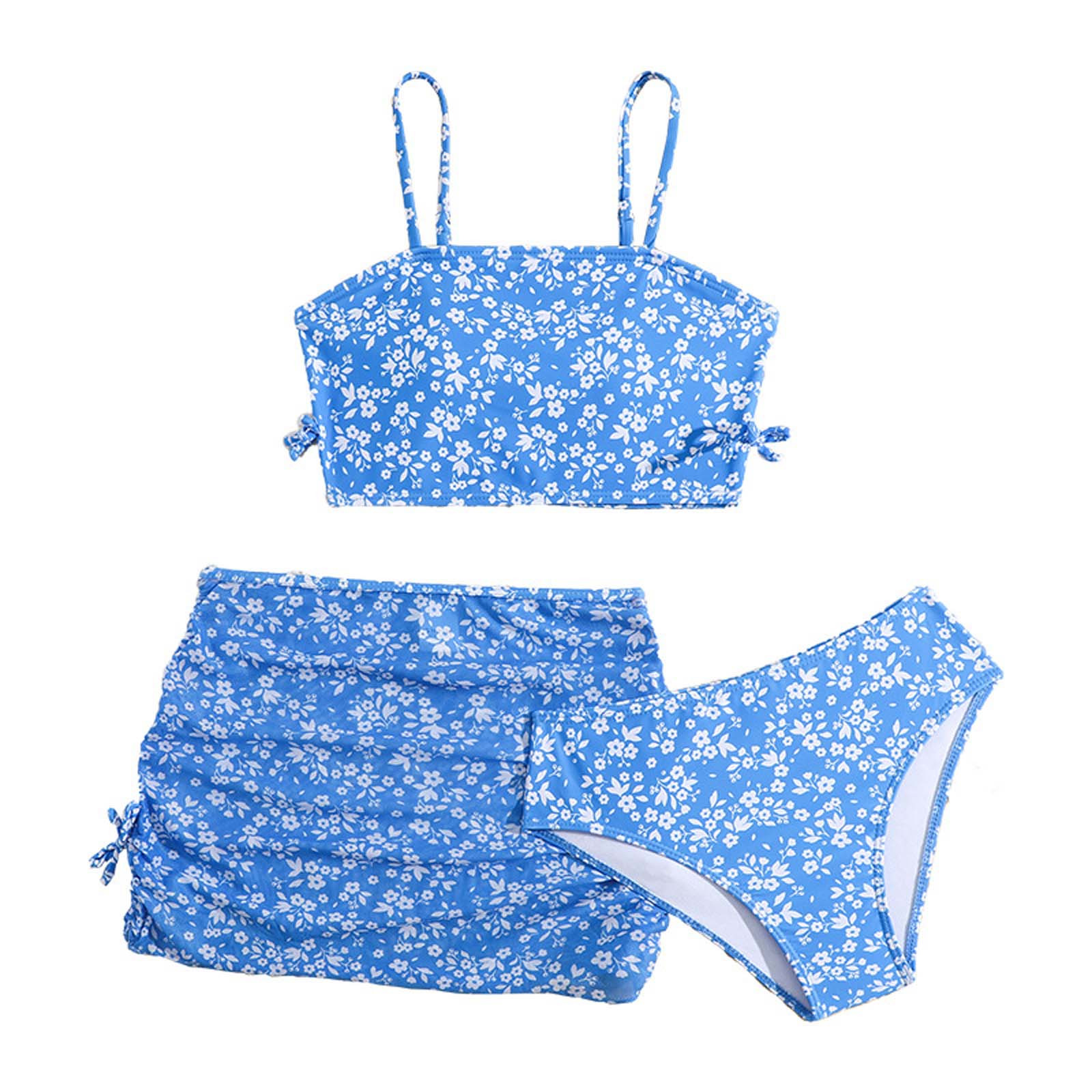REDARER Girls' 3-Piece Bikini Set – Floral Print Swimwear with Adjustable Shoulder Straps, Kids Swim Shirt,Size 9-10 Years